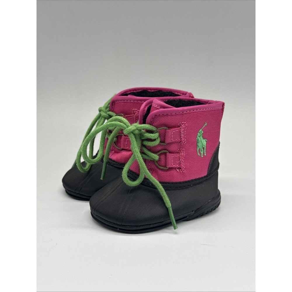 Polo Ralph Lauren Kids Duck Boots Pink Green Lace Up Winter Rain Boots Size 0